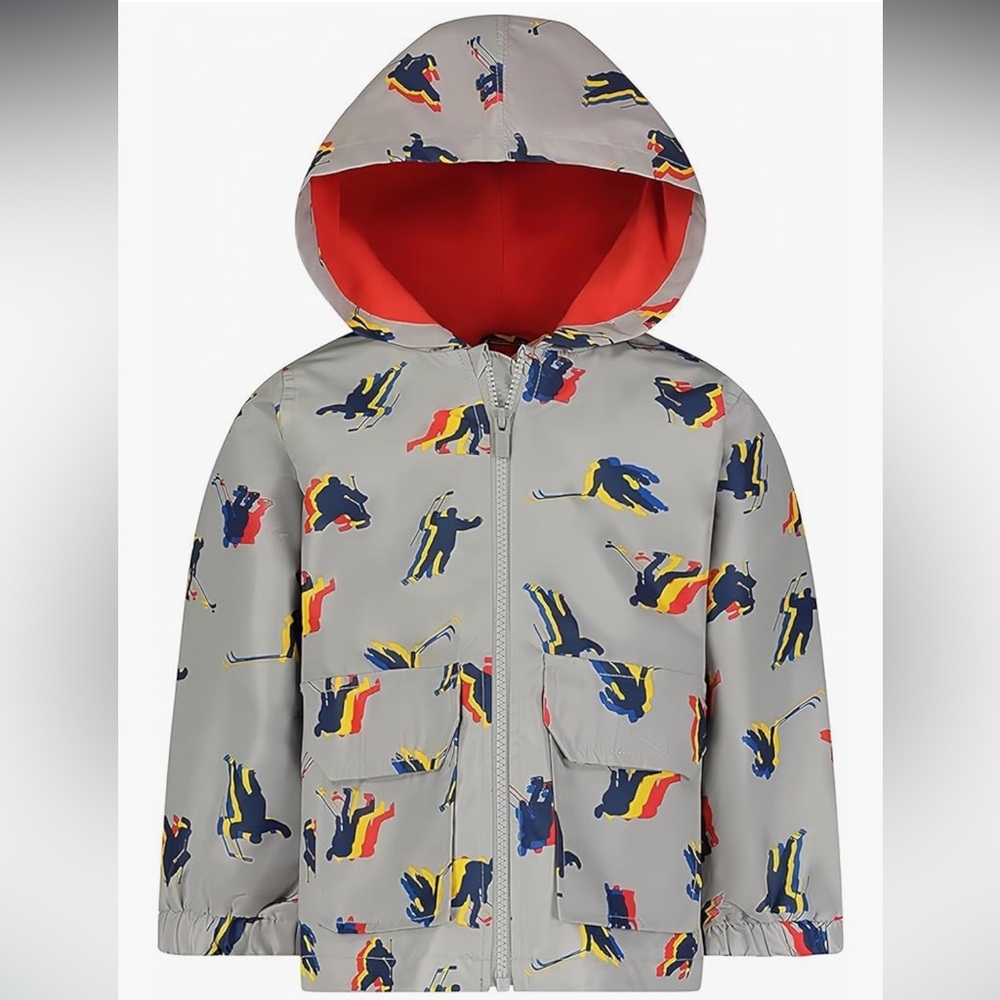 Like New Gray and Red Hockey Print Raincoat 8y